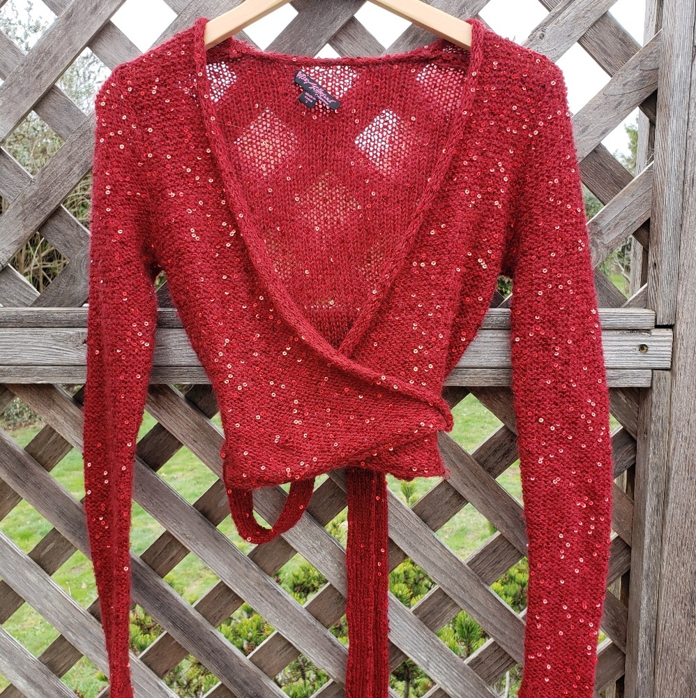 Betsy johnson cropped sequin wrap sweater